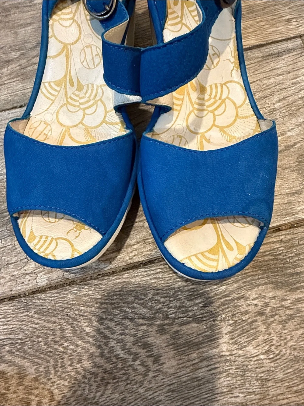 Fly London Yesk Blue Wedge Sandals with Ankle Strap size 37 US 6-6.5